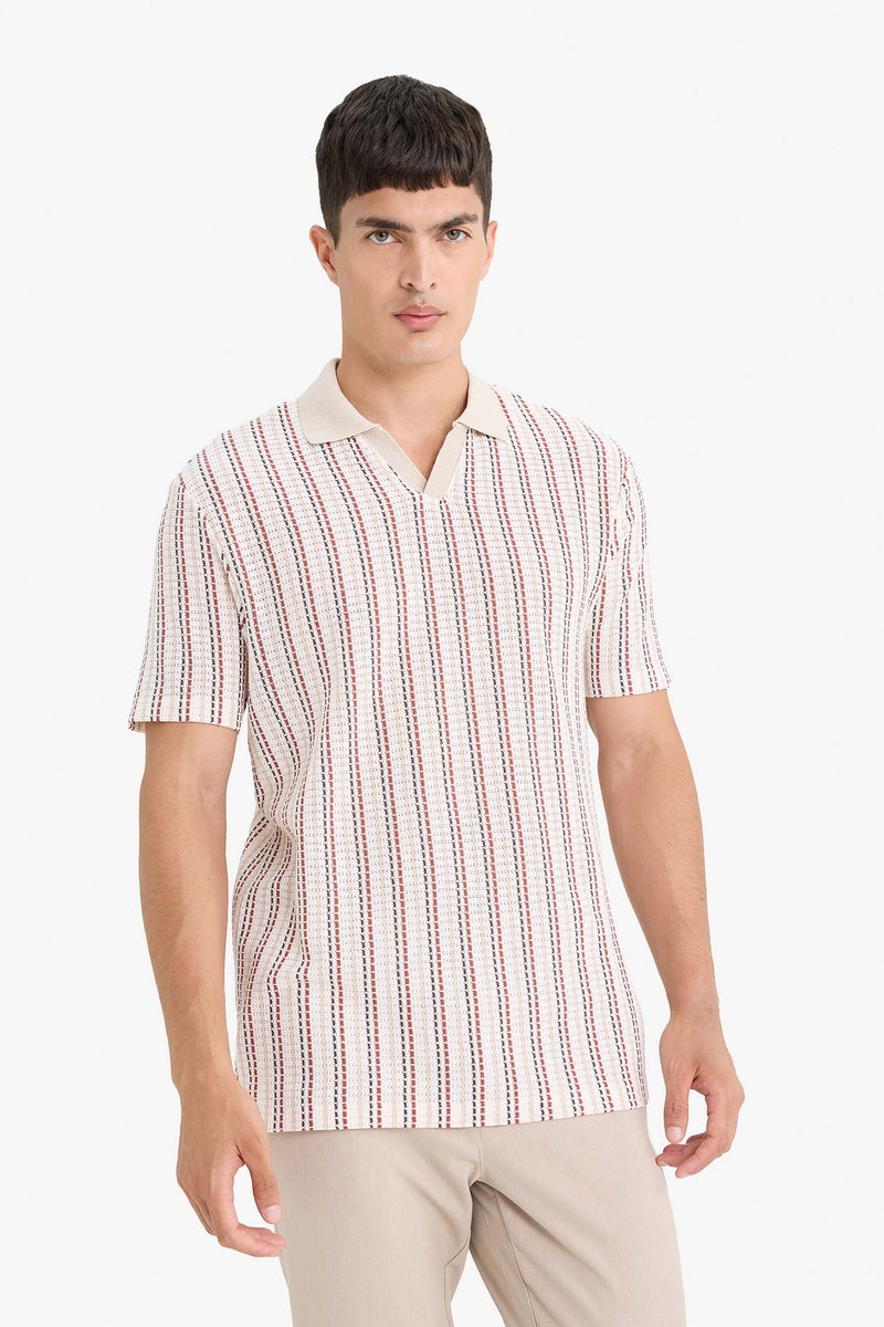 DeFacto Beige Man Regular Fit Short Sleeve Striped Polo T-Shirt Casual - Image 3